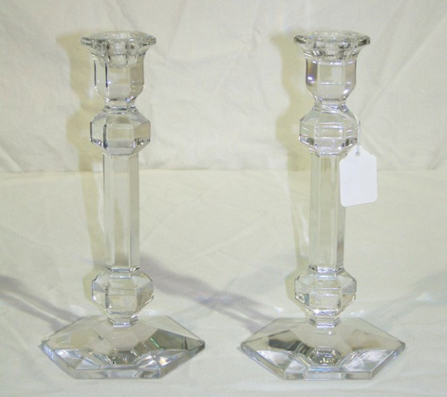 Pair of Signed Val St. Lambert Crystal Candle Sticks: Pair of Signed Val St. Lambert Crystal Candle Sticks. 9 1/2" tall.