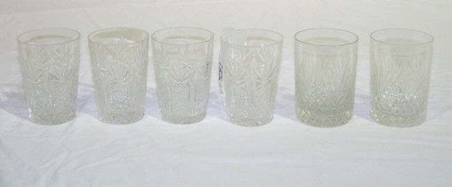 6 Early Cut Crystal Glasses: 6 Early Cut Crystal Glasses, 4 - 3 3/4" tall ones with same cut other 2 are also 3 3/4" tall with a slightly different cut