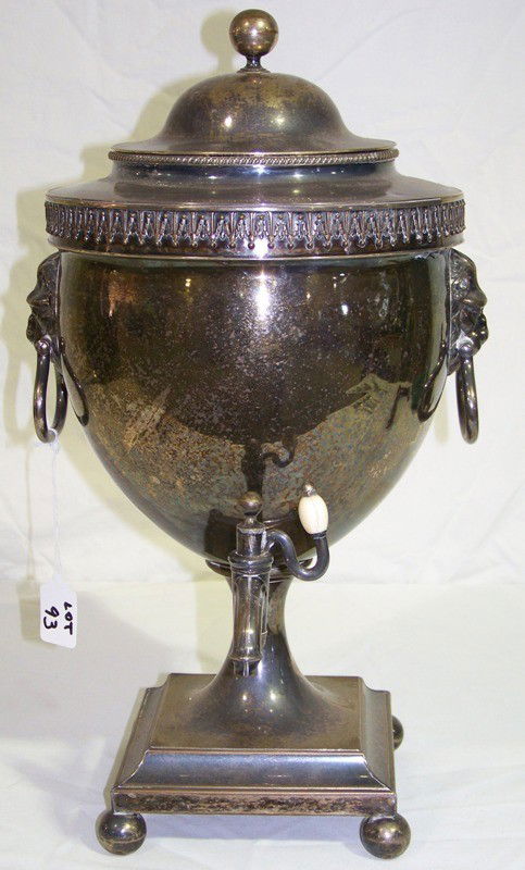 Lg. Antique Sheffield Silver Plate Hot Water Coffee: Lrg 19th C. Antique Sheffield Silver Plate Hot Water Coffee Urn with double lion head handles , resting on 4 ball feet with nice scrolling design around top. Has large pc. of iron that goes into the c