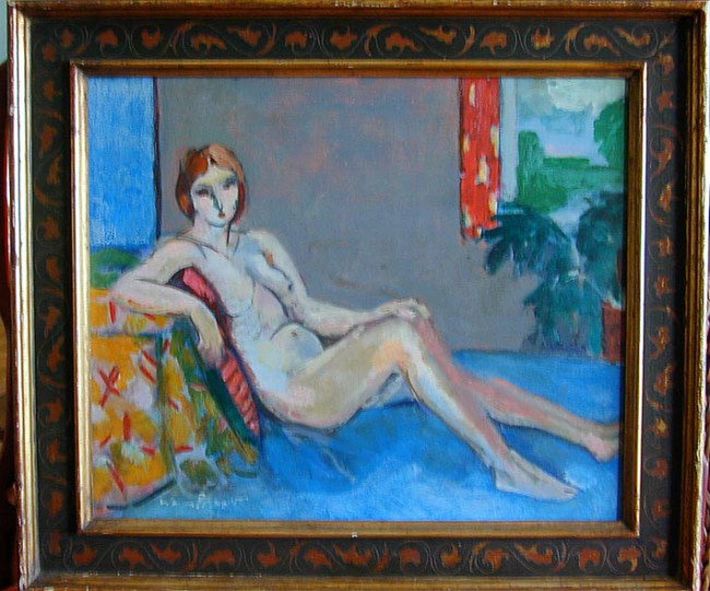 Warren Brandt ( Amer. 1918-2002) Oil on Canvas: This oil on canvas by American artist Warren Brandt is 20" x 24". The title is "Reclining Nude" and is in very good condition. It has the original period frame possibly painted by the artist.