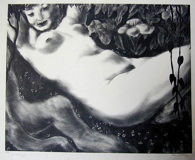 JOHN MCCLELLAN (NY 1908-1986) ART DECO NUDE LITHOG: A low edition of 30, pencil signed and numbered litho by American artist John Ward McClellan, dated 1936 showing a young nude lady against a forest ground w/ hanging vine, image: 13.75"H x 17"W.