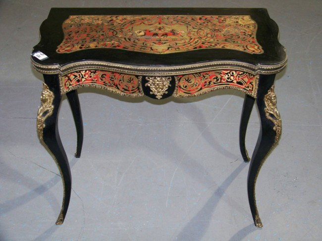 19th Century French Boulle Flip Top Games Table: 19th Century French Boulle Flip Top Games Table with bronze figural mounts. Stands 30" tall closed , 33" wide , top open is 32 1/2" x 33" .