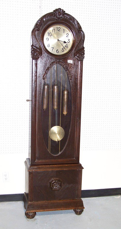 19th C. Herm. Weber Uhrmacher Works Grandfather Cl: 19th C. Herm. Weber Uhrmacher Works Grandfather Clock. Great weight driven working clock , with fruit carvings , lock & key. Has metal plaque that states Erste Wormser Hausuhren- Fabrik Liefert zu Jed