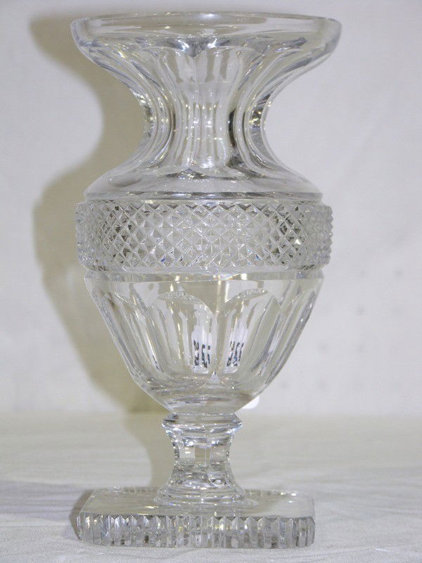 Vintage Sharp Cut Crystal 9" Baccarat Vase: Vintage Sharp Cut Crystal 9" Baccarat Vase. Not signed and stands 9" tall and resting on a 4" cut square base.