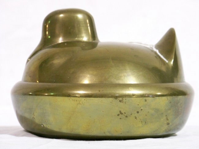 Vintage Modern Raymor Brass Covered Duck Server: Vintage Modern Raymor Brass Covered Duck Server, two pcs. app. 6 1/2" across and app. 4 1/2" tall. Has paper lable on base.