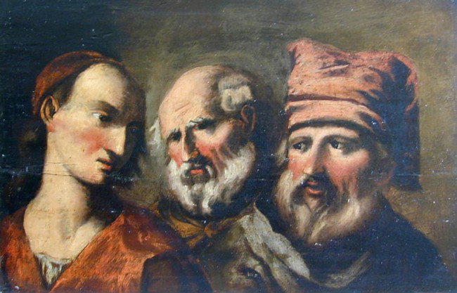17th/18th C. Continental School Oil: This 17th / 18th C. Old Master oil on panel depicts 3 men representing youth, middle and old age, appears unsigned, 10 1/8" x 15 1/2". Has minor age crack.