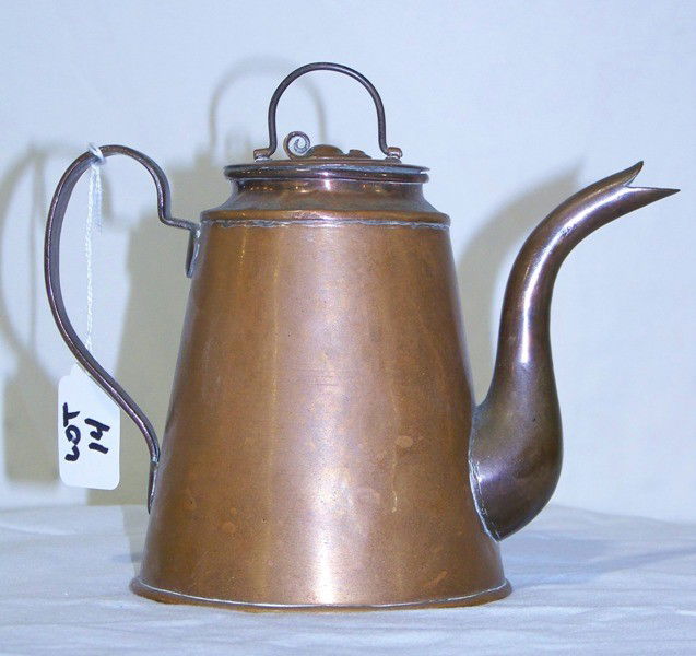 Antique Hand Forged Copper Tea Kettle: Antique Hand Forged Copper Tea Kettle with handled lid. Great tea pot standing app. 7" tall and 8" from spout to handle.