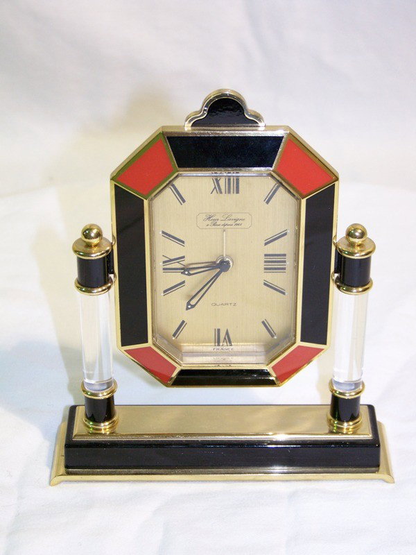 French Enamel & Lucite Column Clock: French Enamel & Lucite Column Clock. Made by Hour Lavigne a Paris Depouis 1848 France Quartz movement clock.5 3/8" tall.