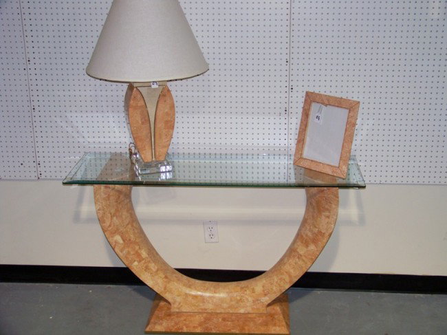 Mid Century Modern Springer Coral Hall / Sofa Table: Mid Century Modern Springer Coral Hall / Sofa Table. Has a brass band around base of table. Table stands 29 1/4" tall 40 1/4" across and resting on a 26" x 14" base.
