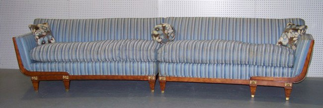 Early Biedermeier 2 Part Half Round Sofa: Early Biedermeier Style 2 Part Half Round Sofa with bronze floral mounts. Easc half round section is app.66" long and app. 30" deep. Each section has 5 legs each. Each has down cushions.