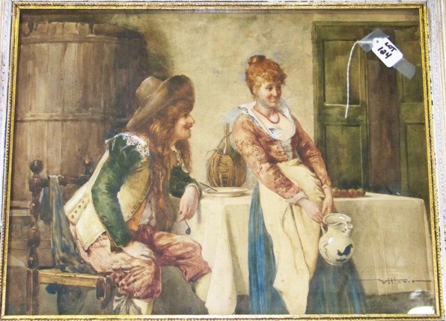 TESSARI VITTORIO ( Italian Born 1860- ) W/C: This circa 1900 watercolor by Italian artist Tessari Vittorio is 16 1/2" x 21 1/2" (sight). It depicts an interior scene of a cavalier and young lady.