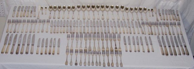 144 Pc. Christofle French Vendome Flatware Set W/: 144 Pc. Christofle French Vendome Flatware Set W/ Trays. Has 12 - 8" forks, 11- 7" forks, 22 - 6 1/2" forks, 4 - 6 1/4" forks, 10 - 7 1/2" table spoons, 11 - 6 5/8" spoons, 4 - 4" spoons, 2 - 7 5/8" f