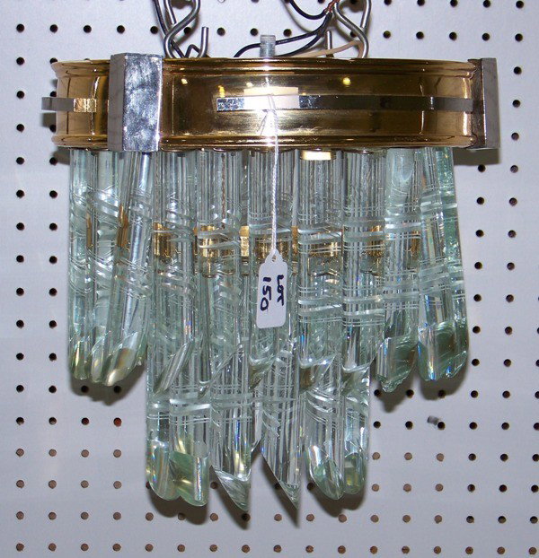 Vintage French Deco Brass Chrome & Crystal Chandel: Vintage French Deco Brass Chrome & Crystal Chandelier. Ceiling mount and hangs app. 11" and is 11" across top. Has extra crystal prisims.