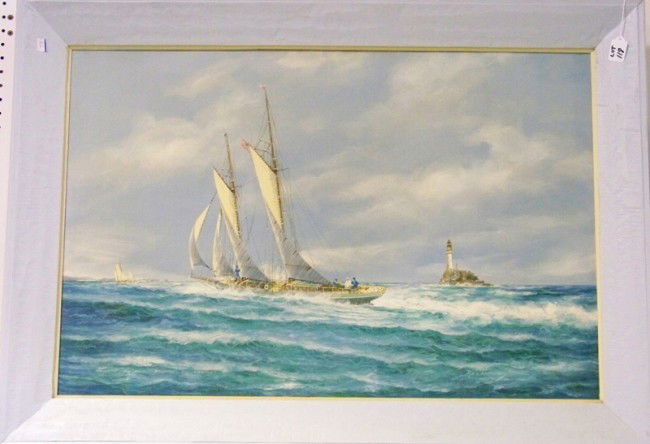 John Arnold (20th C. ) O/C Sailing Ship & Lighth: John Arnold (20th Century) O/C Sailing Ship & Light house, signed J. Arnold lower right and titiled " Rounding the fastnet" on lower left. Great painting of large sail boat sailing past the light hous