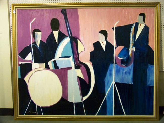 " J. Krumhol " Cubist Modern Abstract Musicians : " J. Krumhol " Cubist Modern Abstract of Musicans O/C. Very large painting on canvas , signed lower left and is 65" wide and 51 1/2" tall, frame is 70 1/2" x 57" tall.
