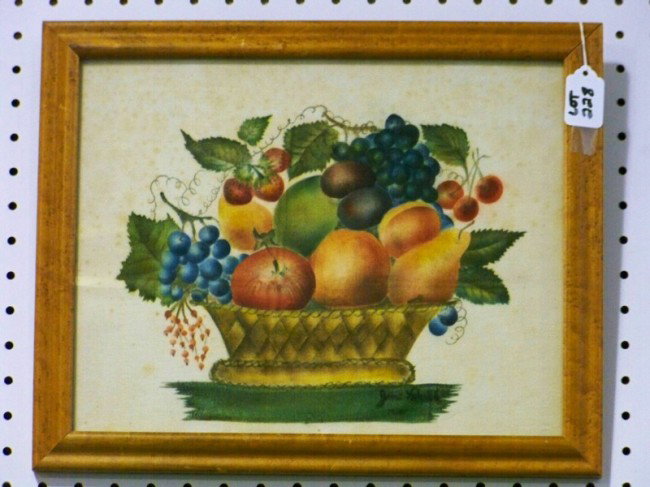 Signed Jane Parrish Folk Art Theorem Painting: Signed Jane Parrish Folk Art Theorem Painting of still life fruit basket. 13 1/4" wide and 10 1/2" tall, frame is 15 1/2" x 12 3/4"