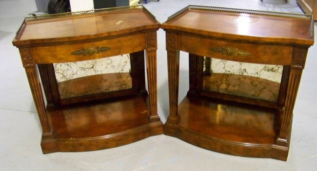 Pair Vintage Biedermeier Side Tables: Pair Vintage Biedermeier Style Side Tables, with a brass heart pierced galley. Each has one drawer and marblized mirror backs. Each is 27" tall 28" wide and 18" deep.
