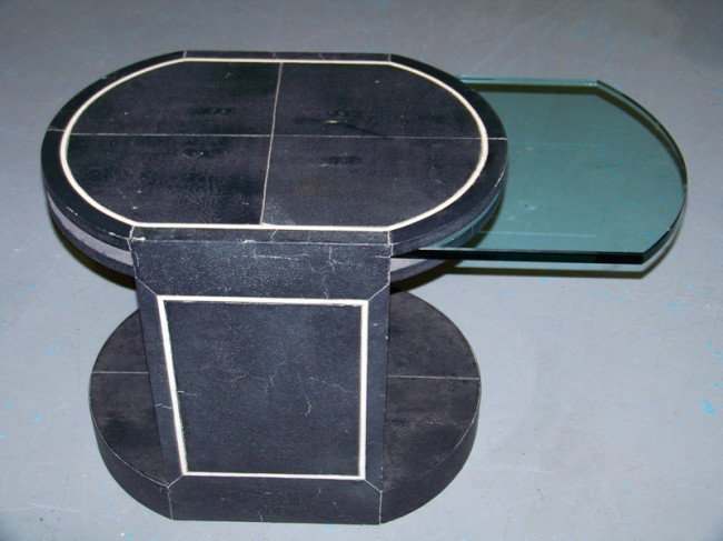 Vintage Modern Shagreen Inlaid & Glass Side Table: Vintage Modern Shagreen Inlaid & Glass Side Table. Has a rounded edge glass insert and open shelf on base. 20 1/2" tall 27" long and 18" deep.