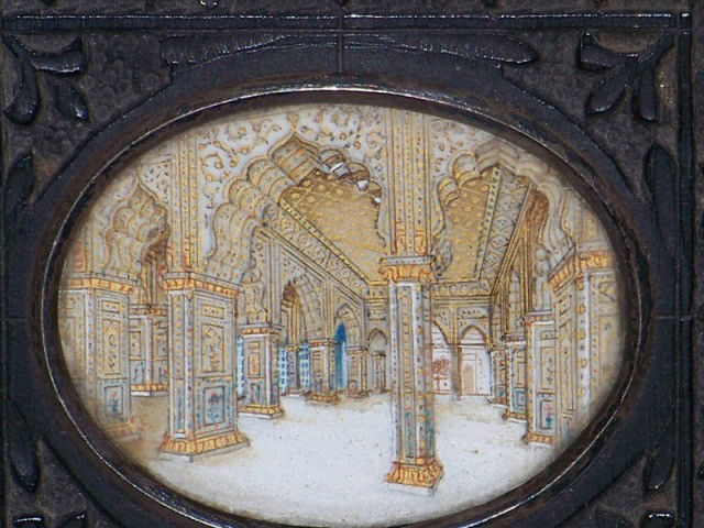 Hindu India Ivory Mini Painting of Interior of Mos: Hindu India Ivory Mini Painting of Interior of Mosque. Great painting of the interior of a building ( Mosque ? ) in a carved ebony frame.4 1/2" tall and 3 5/8" wide.