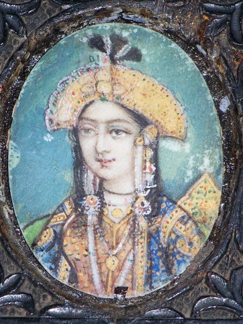 India, late 19th C. Ivory , Portrait of Mumtaz Ma: Miniature Painting, India, late 19th century, portrait of Mumtaz Mahal on ivory, in a ebony carved frame . Frame is 5" tall 3 1/4" wide.Will not ship international.