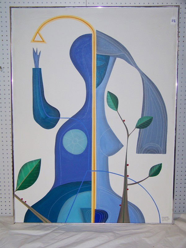 Carlos Páez Vilaró (URUGUAYAN, 1923) Abstract Oil: Carlos Páez Vilaró (URUGUAYAN, 1923) Abstract Oil on canvas Titled Christina. Dedicated by artist on back in Portugese. Signed on front. Carlos Paez Vilaro AB 89 New York. Painting is 35 1/2" wide a