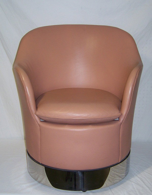 Mid C. Modern Leather & Round Steel Based Swivel C: Mid C. Modern Leather & Round Steel Based Swivel Chair. Chair has a large round steel base on wheels to base. App. 34" tall 29" wide and 27" deep.