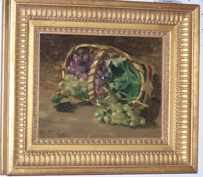 Maybell Bregenzer Amer. 20th C. O/B Still Life of : Maybell Bregenzer Amer. 20th C. O/B Still Life of Grapes. Signed lower left. 8" wide and 6" tall , frame is 12" x 10 1/2".