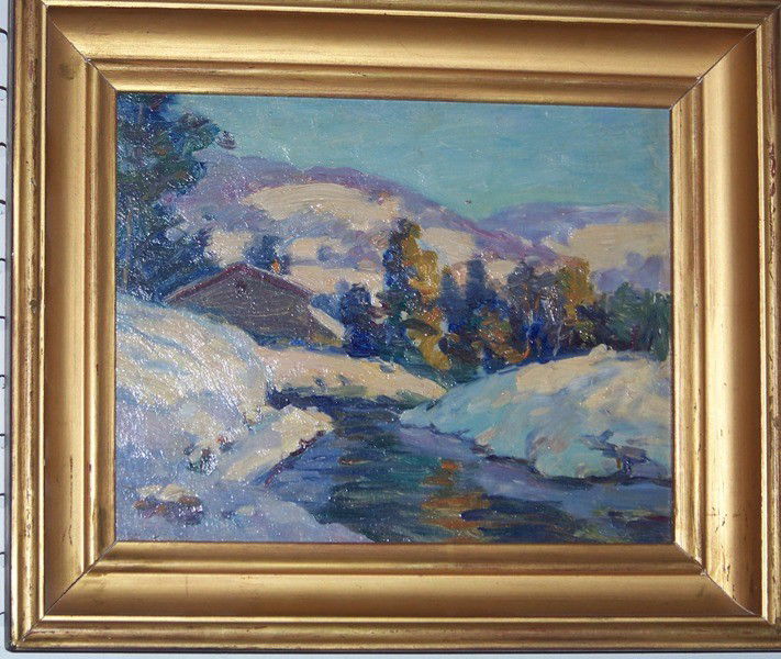 Louise L. Camp American ( 1868 - ? ) O/B " Catski: Louise L. Camp American ( 1868 - ? ) O/B " Catskills ". Oil on board of the Catskills and a cabin and stream. 9 1/2" wide and 7 1/2" tall , frame is 13" x 11". Signed on verso and also states studied