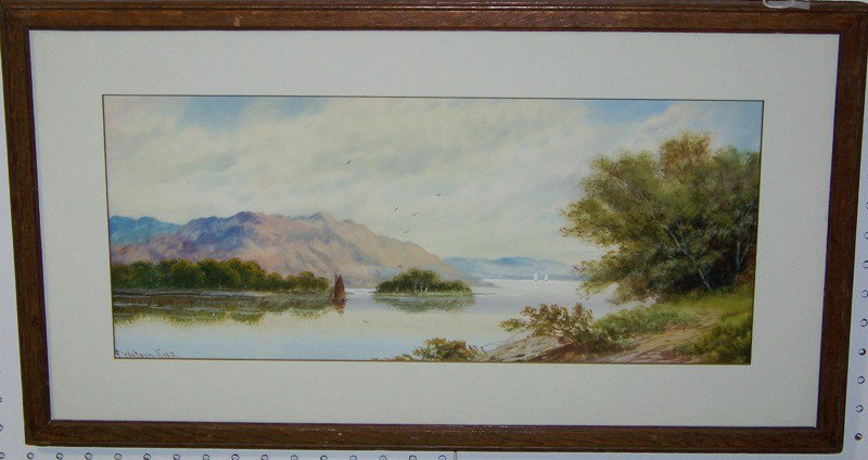 F. Watson R.W.S. Watercolor Mountians, Lakes & Boa: F. Watson R.W.S. Watercolor Mountians, Lakes & Boats. Signed lower left. 21" long 9" tall, frame is 27 1/2" x 15 1/4".