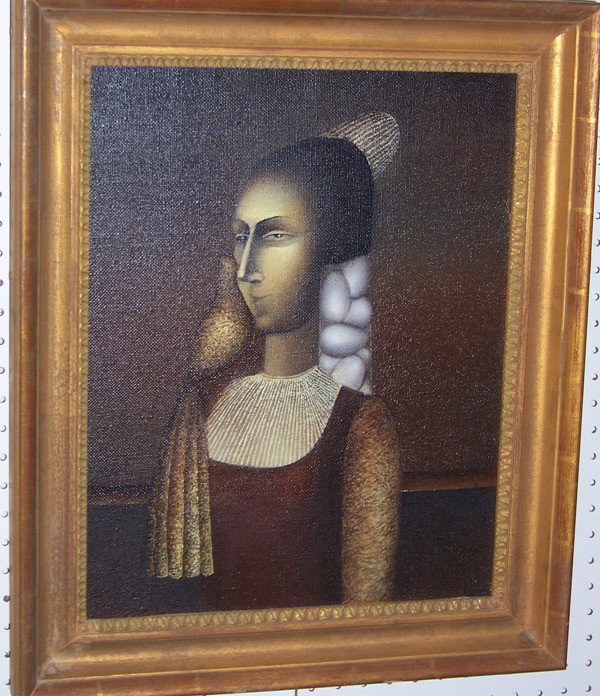 Armen Gevorkian ( Armenian 20th C. Surrealist O/C): Armen Gevorkian ( Armenian 20th C. Surrealist O/C) " Bird Woman " , signed and titled on verso. 15" wide 19" tall. Frame is 20" x 24".