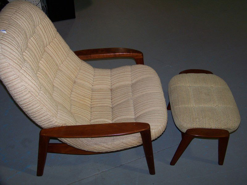 Vintage Modern Hans Wegner Style Chair & Ottoman: Vintage Modern Hans Wegner Style Chair & Ottoman. Great chair and Ottoman. Chair is 37" tall 31" wide and app. 36" deep. Ottoman has different uph. than chair and is app. 15" tall 25" wide.