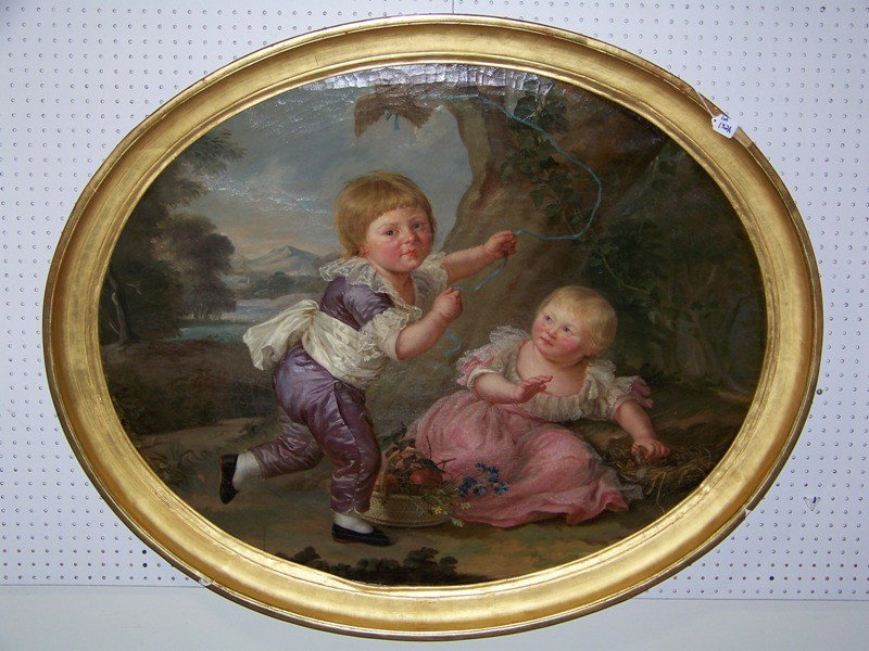 18/19th C. Flemish School O/C " Children Playing : 18/19th C. Flemish/ European School O/C " Children Playing with birds. Great O/C of two young children playing with birds. In a great gold gilded oval frame.44" wide and 37" tall, frame is app. 51" lo