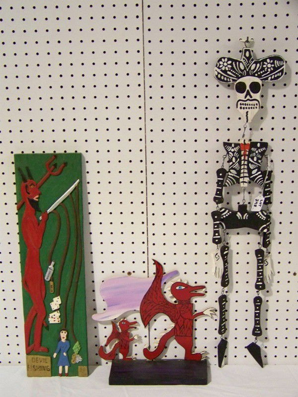 Pair of Wooden Folk Art Carved Devils & Skeleton: Pair of Wooden Folk Art Carved Devils & Skeleton. Skeleton has jointed sections and devil and baby devil. Skeleton is app. 31" tall, devil fishing is 22" tall and 6" wide signe Leroy Almon Sr. other d