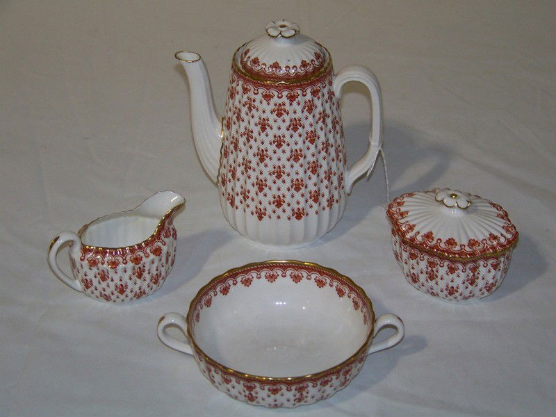 6 Pc. Spode Teapot , Creamer, Sugar & Soup Bowl: 6 Pc. Spode Teapot , Creamer, Sugar & Soup Bowl. Teapot is 7 1/4" tall, sugar is app. 2 1/2" tall and soup bowl is 5" across.