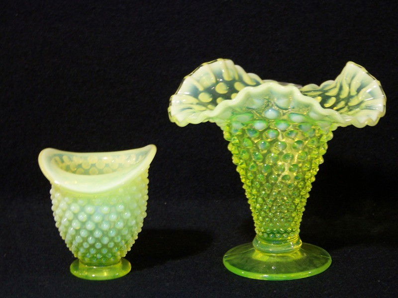 Pr. Vaseline Uranium Hobnail Glass Vase & Hat Vase: Pr. Vaseline Uranium Hobnail Glass Vase & Hat. Fluted edge top to vase and stands app. 5 1/2" tall and hat vase stands 3 1/2" tall.