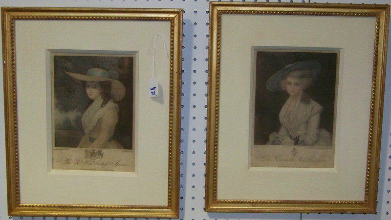 Pr Antique British Mezzo tint Engravings, Lady Bing: Pr Antique British Mezzo tint Engravings, Lady Bingham & Lady Diana's Great Great Grandmother. One states published Dec. 12th 1786 other on Feb. 21st 1787.Each is app. 7" wide and 10" tall, frames are