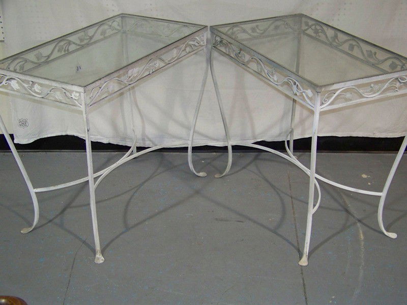 Pair Vintage Iron Spoon Footed Garden Side Table: Pair Vintage Woodard Style Iron Spoon Footed Side Tables. Has a leaf and berry design. Tables is are 32 1/2" long 18 1/2" wide and 29" tall.