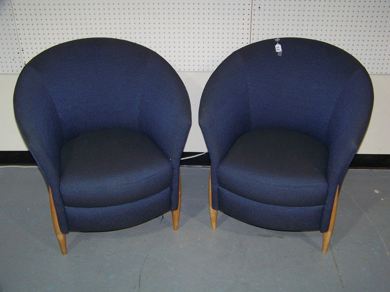 Pr. Mid C Modern Kron Occasional Chairs: Pr. Mid C Modern Kron Occasional Chairs each in blue upholstery and standing 33" tall x 30" wide x 28" deep.