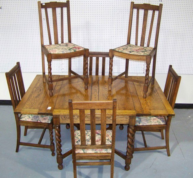182 Antique Barley Twist Oak Pub Table & Six Chairs