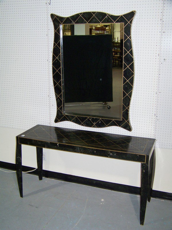 Karl Springer Brass & Stone Inlay Console & Mirror: Killer Modern Karl Springer Brass & Stone Inlay Console & Mirror. Console has diamond shaped brass inlays to top and inlays to sides, stands 29" tall x 56" wide x 20" deep. Mirror has diamond inlays a