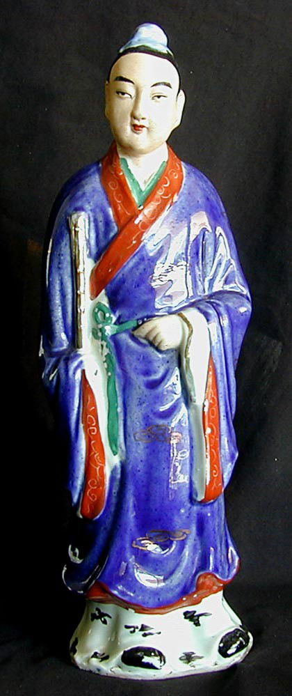 OLD CHINESE ENAMEL & BISQUE PORCELAIN FIGURE: The male figure with high gloss enamel robe, hands and face in bisque, impressed seak mark and numbered in black 5038-7, 15"H, good condition with slight paint loss to green sash and shoes.
