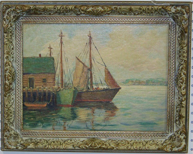 William Ward, Jr. (late 19th/20th C.) O/B of Harb: William Ward, Jr. (late 19th/20th C.) O/B of Harbor. Great painting on board. 15 1/2" wide 11 1/2" tall, frame is 20 1/4" wide and 16 3/8" tall.
