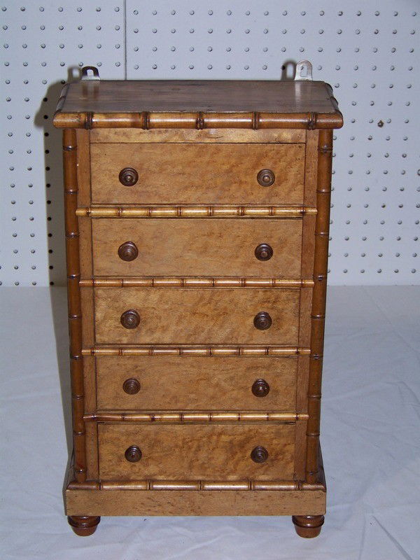 Early Bamboo & Birdseye Miniature 5 Drawer Spice C: Early Bamboo & Birdseye Miniature 5 Drawer Spice Cabinet. Great sampler. With 5 drawers and resting on 4 feet, Has clips for hanging on wall on to be used standing up. 18" tall 10 1/2" wide and 4 3/4"