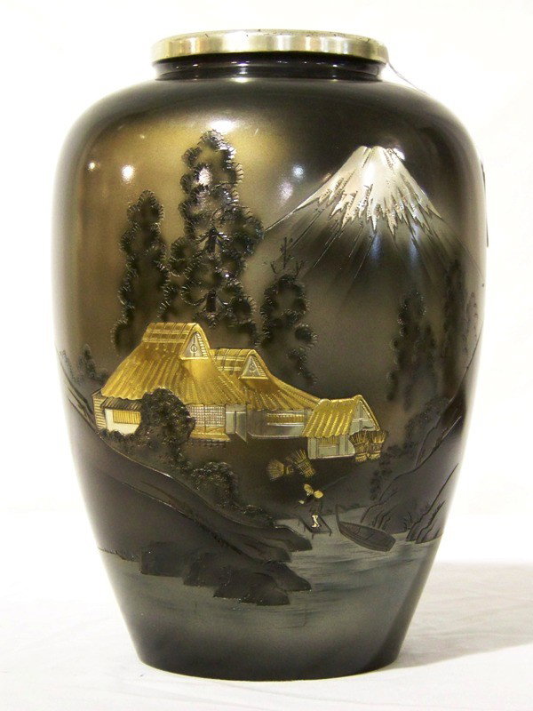 Japanese Signed Bronze & Mixed Metal Mt. Fuji 12" : Japanese Signed Bronze & Mixed Metal Mt. Fuji 12" Vase.Has house by stream in a gold & silver relief on a smoked grey to black color.