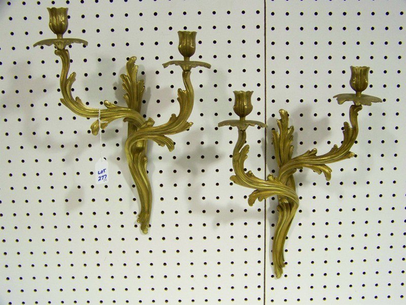 Pair Early French Dore Bronze Wall Sconces: Pair Early French Dore Bronze Wall Sconces. Pair of great sconces with looks to be hole in drip for wire, each is app. 16" tall.