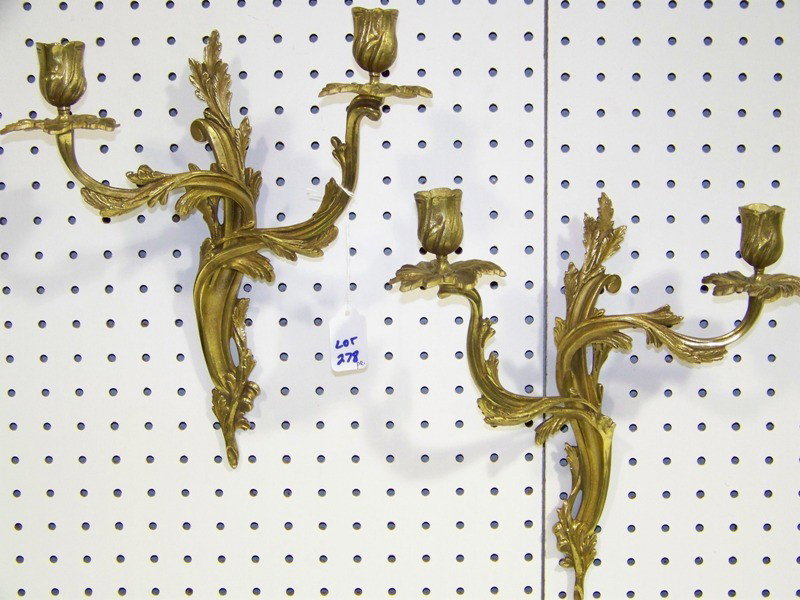 Pair Early French Dore Bronze Wall Sconces: Pair Early French Dore Bronze Wall Sconces. Pair of great sconces with looks to be hole in drip for wire, each is app. 13 1/2" tall.