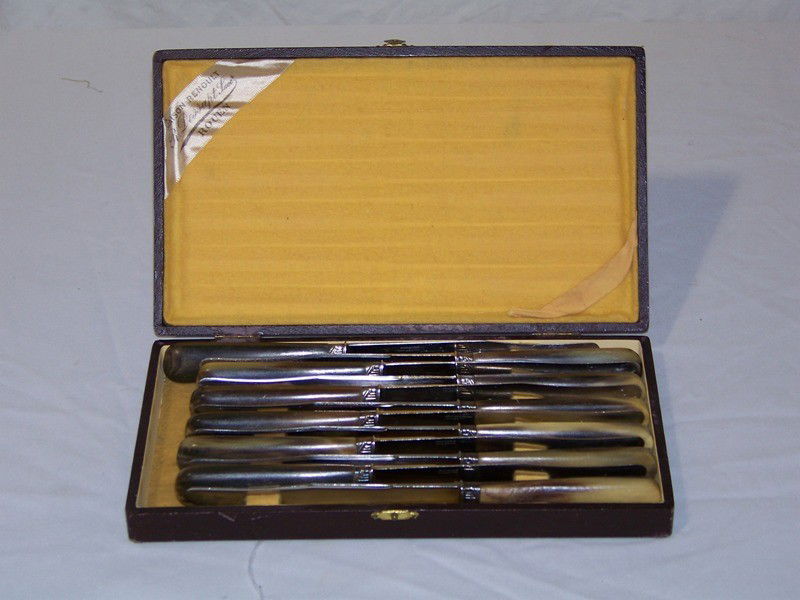 12 Antique Maison Renoult Art Deco Silver & Horn K: 12 Antique Maison Renoult Art Deco Silver & Horn Knife in box. Stamped on box also R. Dessapt Lace Rouen. Each knife is 9 1/2" long.Stamped on blade Renoult Rouen