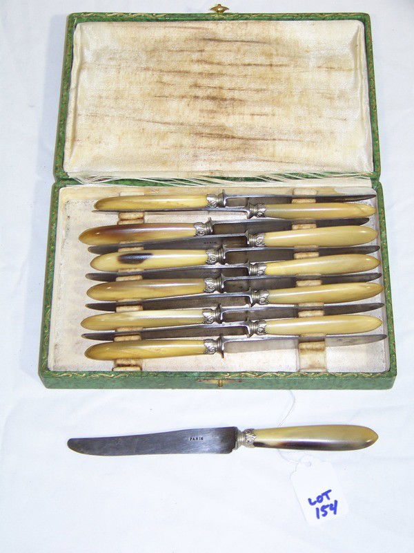 12 Antique French Silver & Bone Handled Boxed Knif: 12 Antique French Silver & Bone Handled Boxed Knife Set. Each blade stamped Paris, each is 7 1/2" long.
