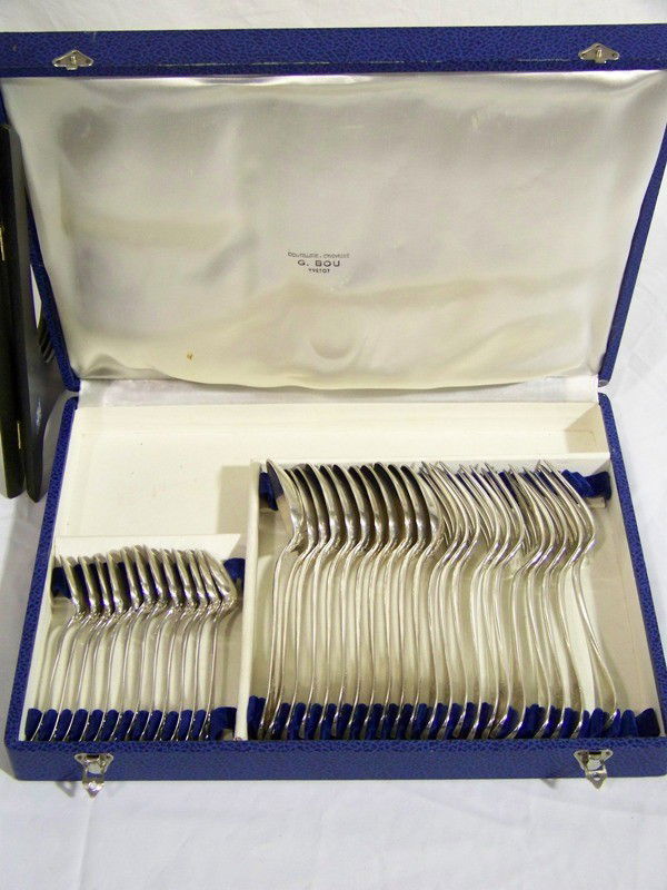 34 Pcs. Hallmarked A. Frenais French Flatware Set: 34 Pcs. Hallmarked A. Frenais French Flatware Set. In original box. Has 12 - 5 5/8" tea spoons, 11 - 8 1/4" forks and 11 - 8 1/4" spoons.Tea spoons are mark A. Frenais , forks and table spoons hallmar