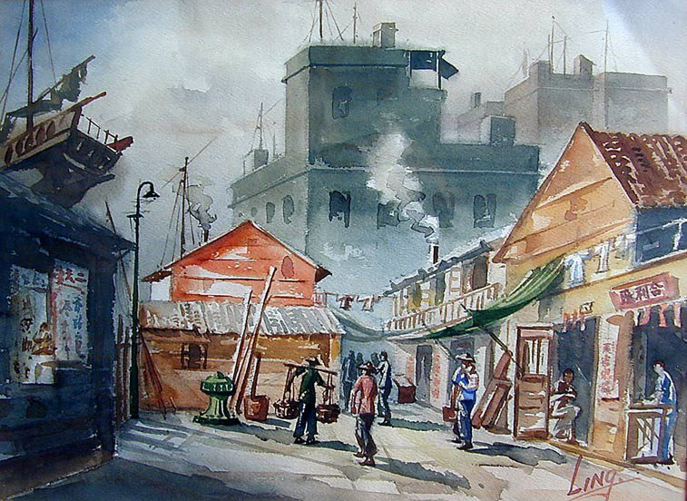 LING (Chinese 20th C.) W/C Hong Kong Street: This watercolor is by Chinese artist Ling. It is 10 1/2" x 14 3/4"(sight), It depicts a Hong Kong street scene in the 1950's. It was purchased in Hong Kong in the early 1950s. It is in very good condi